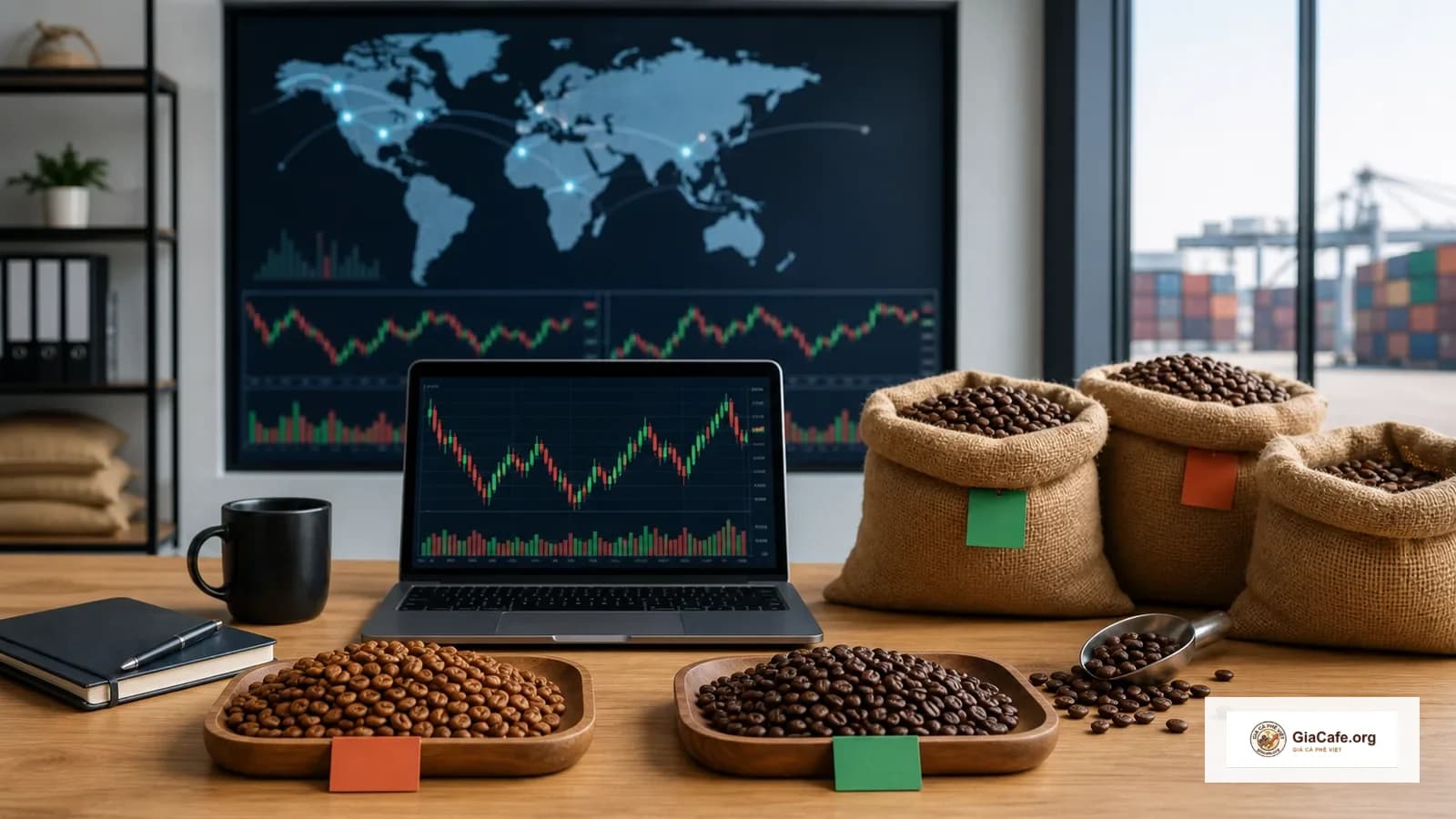 Bàn phân tích giá cà phê thế giới với hạt Robusta và Arabica