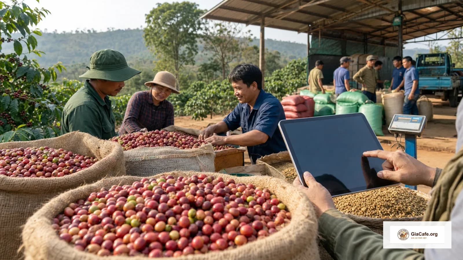 Điểm thu mua cà phê tại vùng nguyên liệu Tây Nguyên