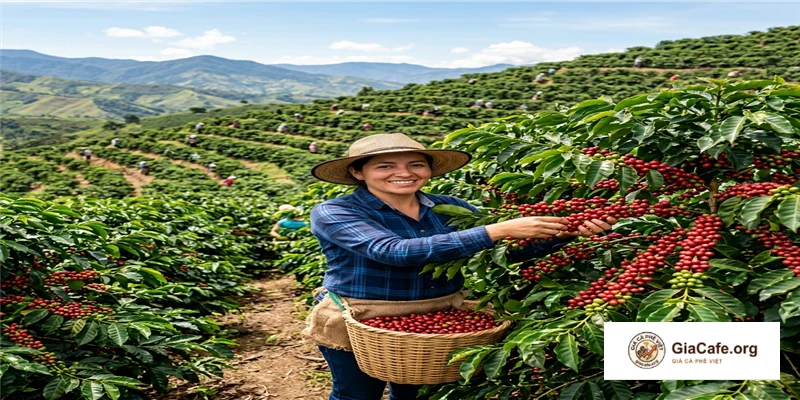 Những cành cà phê kinh doanh Robusta trĩu quả chín đỏ mọng chờ thu hoạch