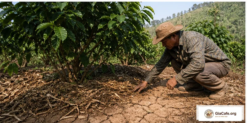 Đào bới đất kiểm tra rệp sáp hại rễ dưới bồn gốc cây cà phê mùa khô hạn