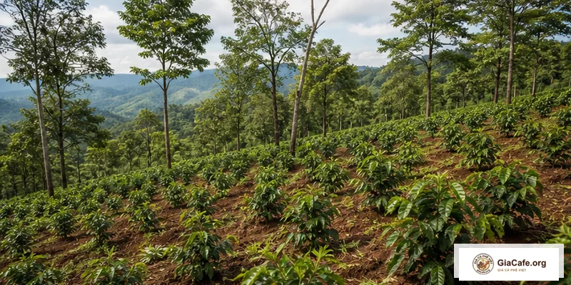 Những quả cà phê Arabica chín đỏ thuôn dài mọc thành chùm dày đặc trên cành cành