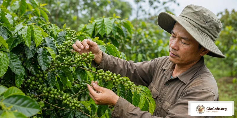 Cành cà phê được theo dõi tình trạng sâu bệnh hại
