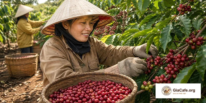 Đại lý thu mua tiến hành cân đo sọt cà phê chín đỏ tươi roi rói của nông dân